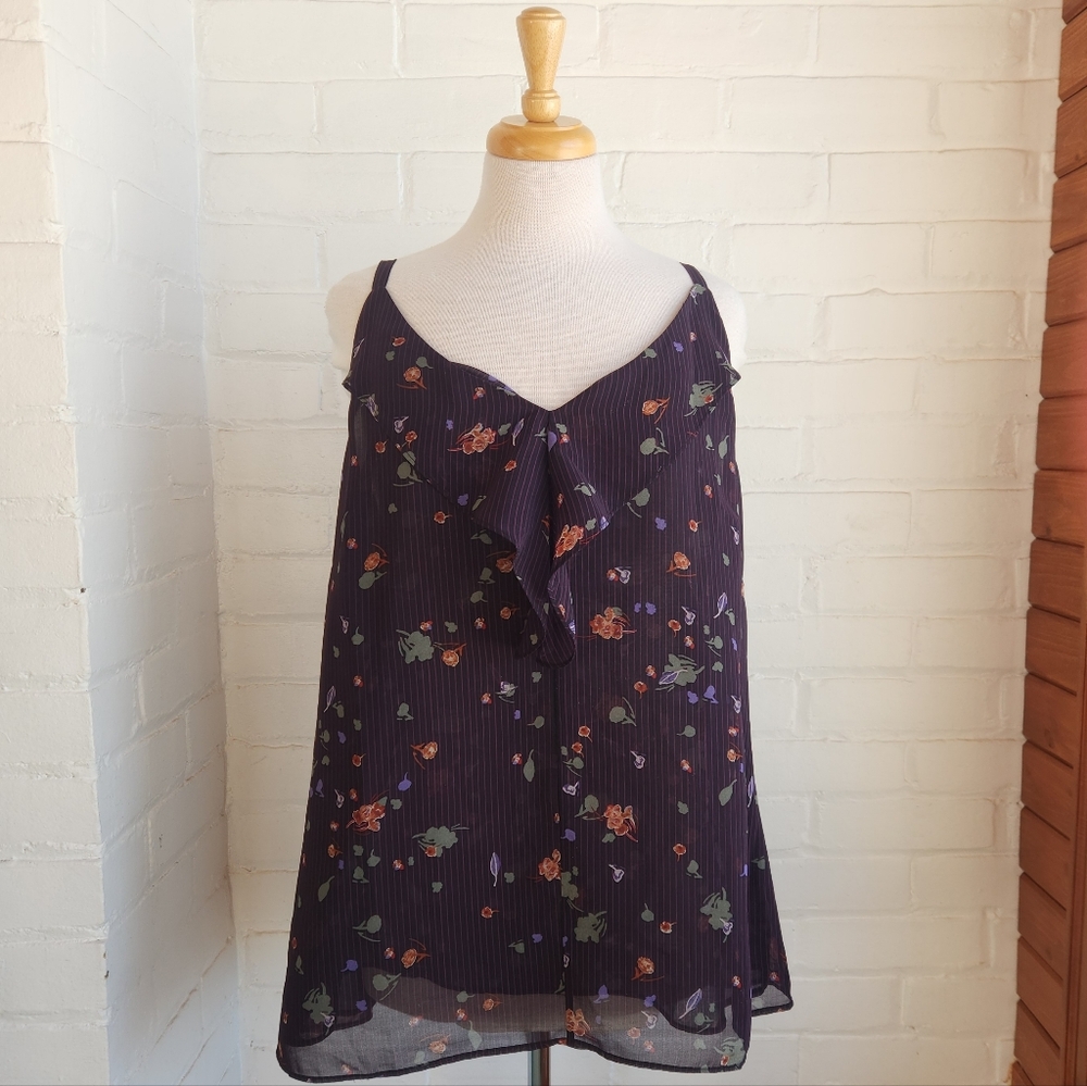 Cabi 3607 Belong Pinstripe Floral Cami Eggplant Sheer Ruffle Size Large